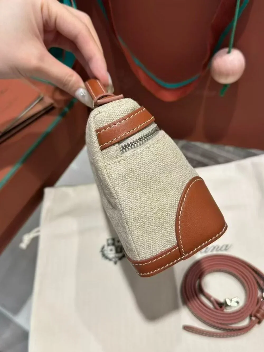 Loro Piana Extra Pocket L19 Canvas Leather Bag Tan Silver HW